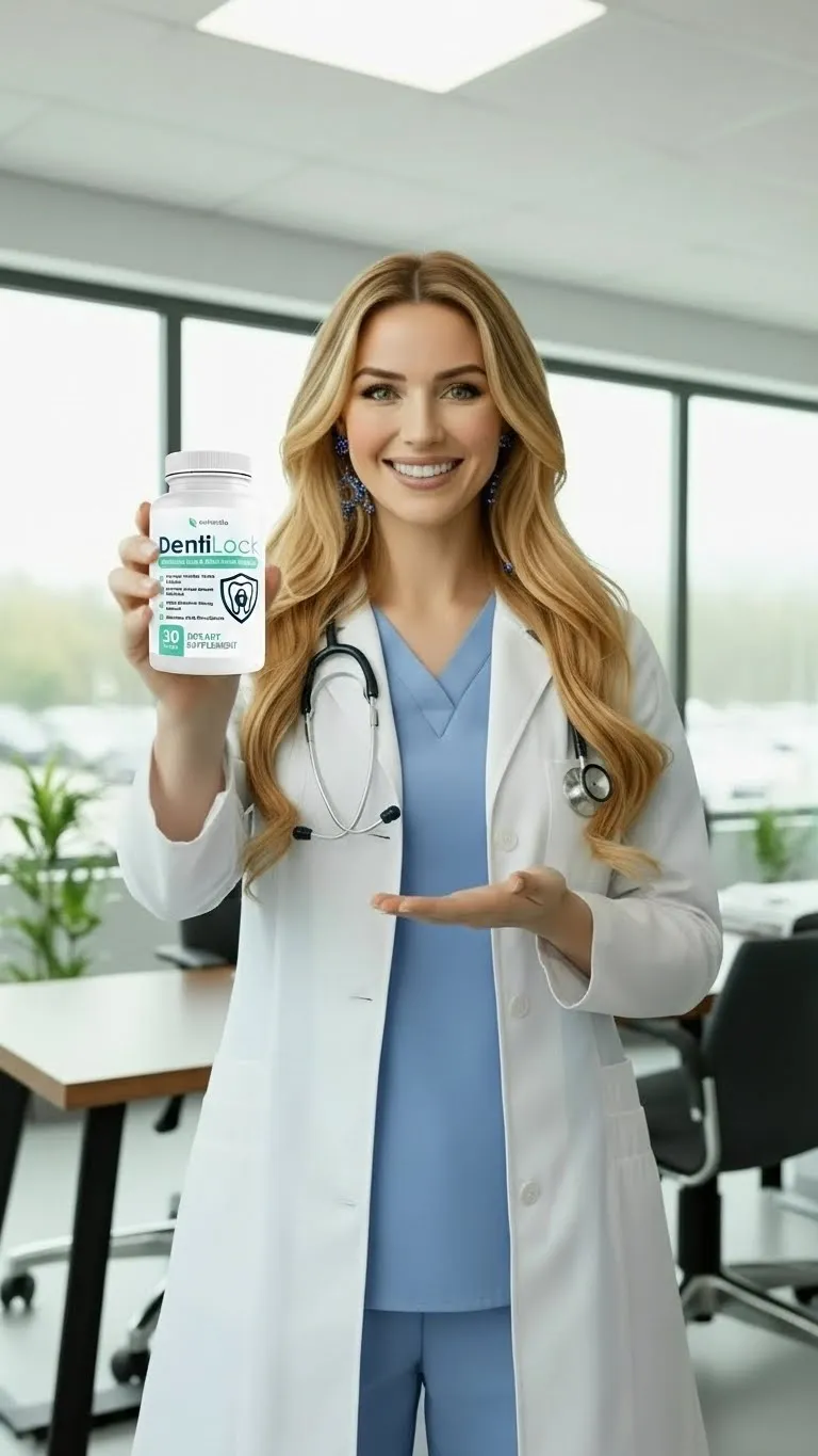 DentiLock oral health supplement bottle for strong gums, clean teeth and fresh breath